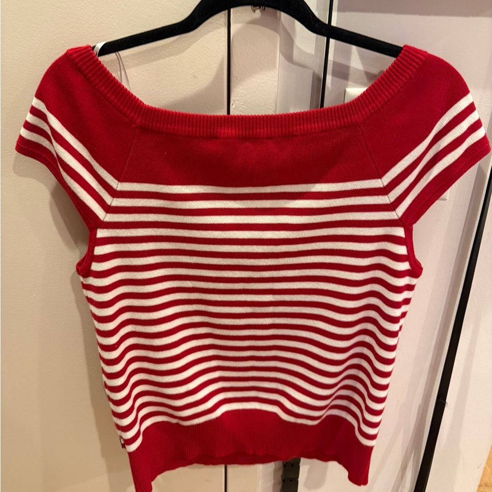 Tommy Hilfiger Red & White Off-the-Shoulder Striped Sweater - Picture 3 of 3